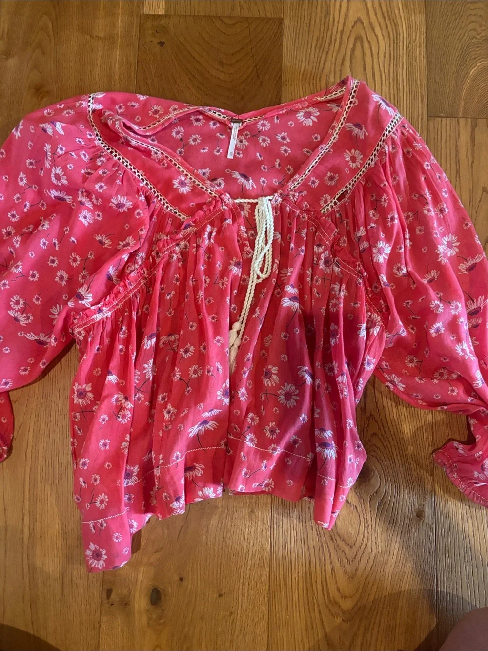 Free People Coral Pink Floral Peasant Top